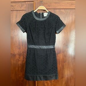 Cotton Black Lace Short Sleeve Dress with Leather Trim